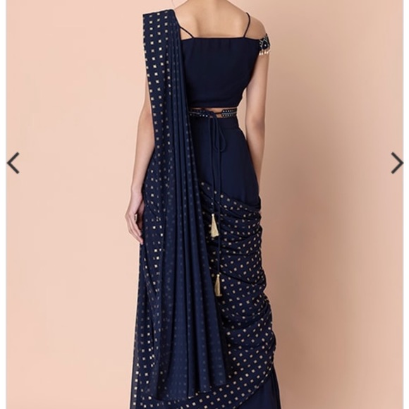 XL Navy Foil Pleated Belted Pre-Stitched Saree, blouse/top not included - Picture 2 of 9